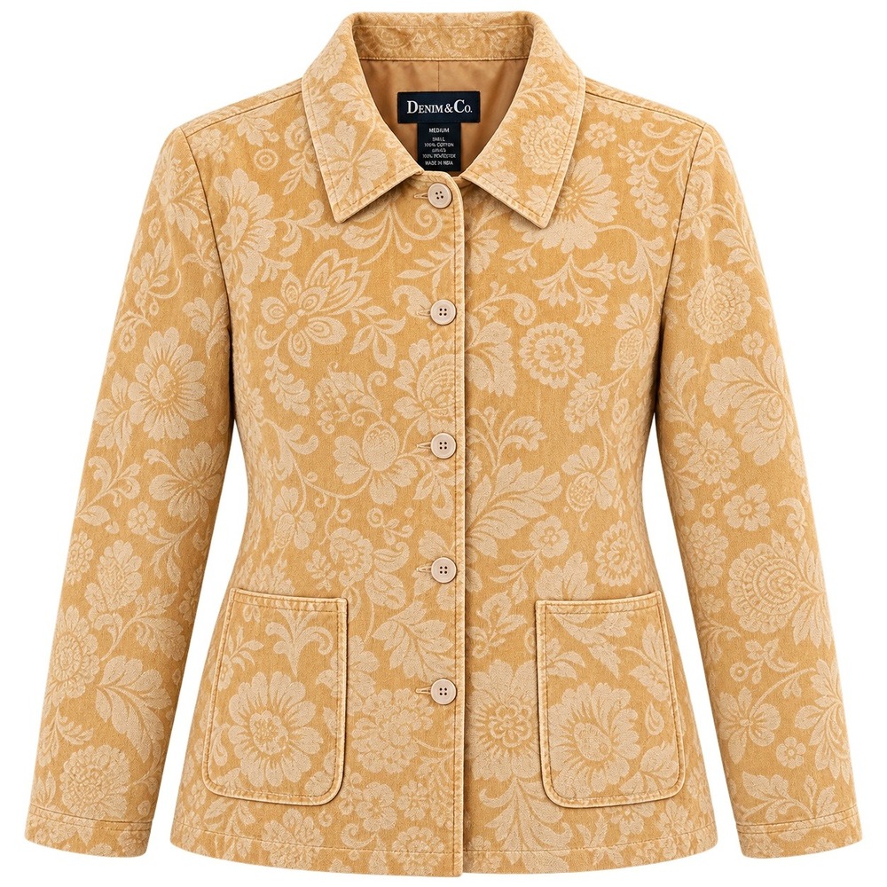 Denim & Co Gold Floral Damask Textured Button Front Jacket Blazer Womens Medium